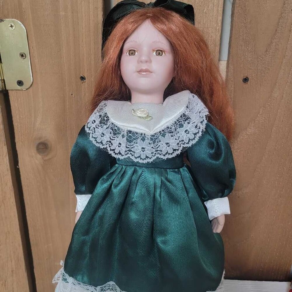 Vintage Porcelain Doll Red Hair Green Satin Lace Dress Victorian Style Collect